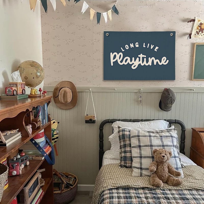 ShowDraven Playroom Decor for Boy, Long Live Playtime Wall Hanging Linen Banner, Blue Striped Wall Flag for Kids Room Nursery Playroom Decor, 20x30 Inch-Navy Blue - Image 2
